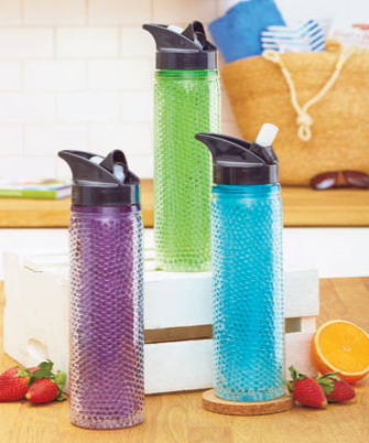 Freezable 19-Oz. Water Bottle maintains your chilled beverage at just the right temperature. Store it in the freezer so that the gel inside the wall starts out frozen. You'll be amazed at how long your water stays cold. A built-in silicone straw on the screw-on lid folds down when not in use. Plastic. 