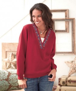 Women's Embroidered V-Neck Sweatshirt adds folksy flair to everyday wear.