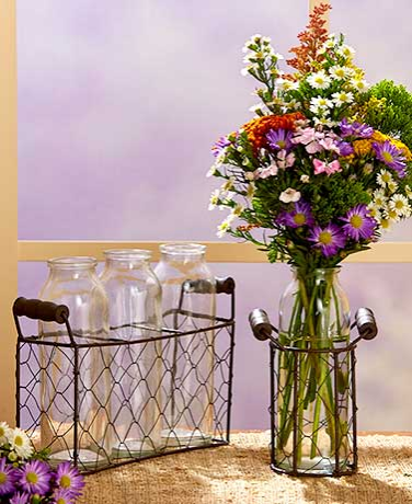 Country Bottle Vases with Wire Baskets