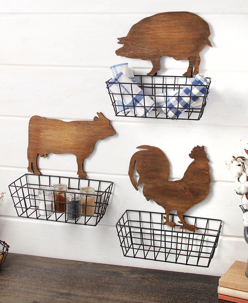 Farmhouse Decor Wall Baskets with Farm Animal Silhouettes