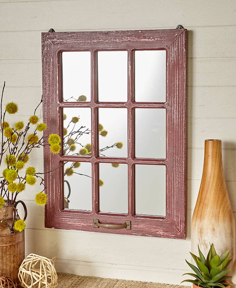 Rustic Decor Windowpane Mirror Wall Art With Red Wood