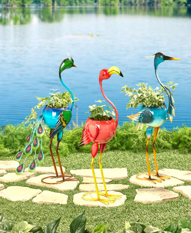 Garden Decor Ideas - Colorful Metal Bird Planters