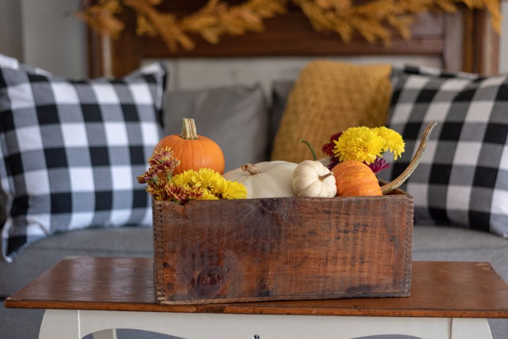 Pumpkin Decorating Ideas - basket of pumpkins on coffee table