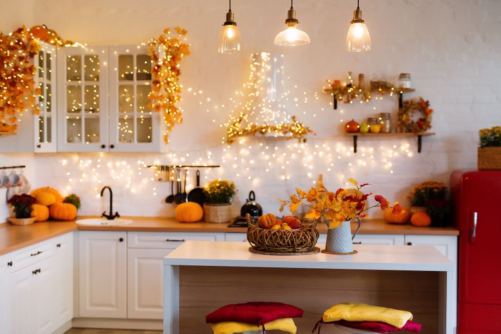 Rustic Fall Farmhouse Decor - fall decor string lights in kitchen