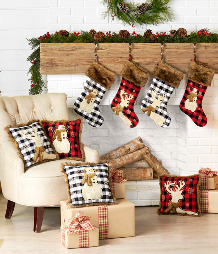 Faux Fur-Trimmed Plaid Pillows or Stockings