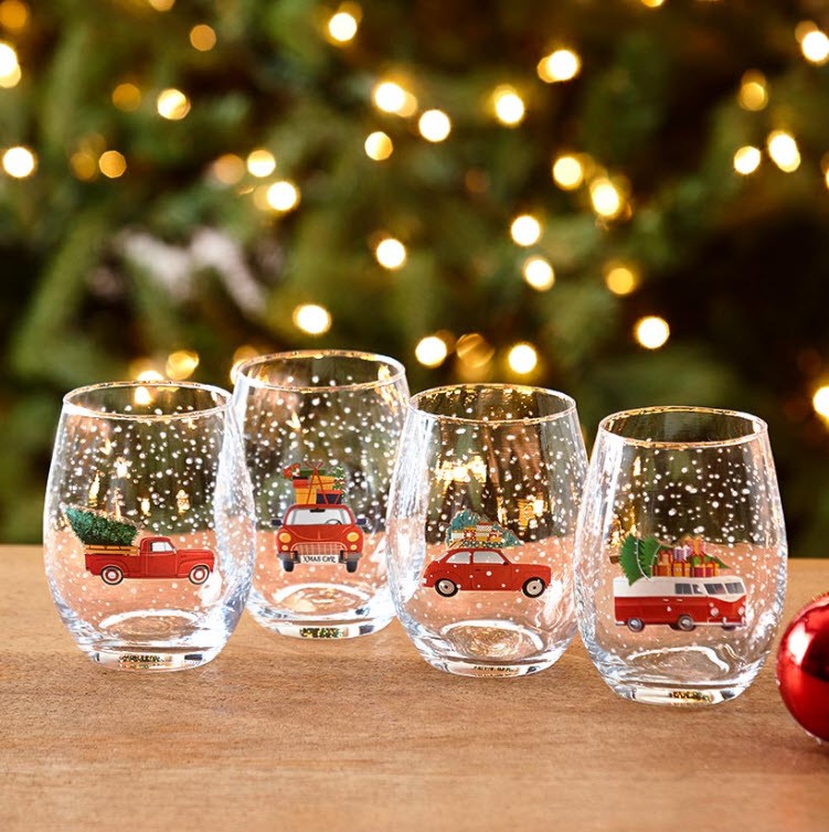 Set of 4 Holiday Stemless Wine Glasses